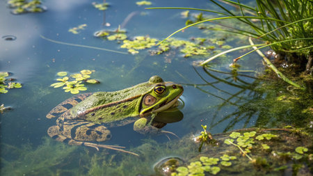 Green frog in a pond in the summer. Close-up.の写真素材