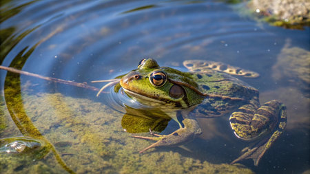 Frog in a pond. Close-up of a frog in the water.の写真素材