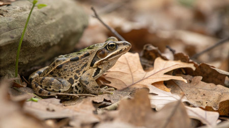 Frog sitting on the ground among the fallen leaves in the forestの写真素材