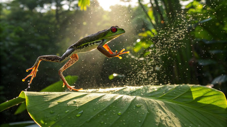 Green tree frog, Hyla arborea, jumping on a green leafの写真素材