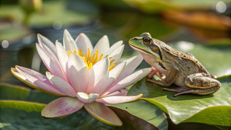 Frog sitting on a lotus flower in the garden pond.の写真素材