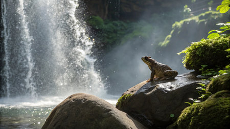 Frog sitting on a rock with a waterfall in the background.の写真素材