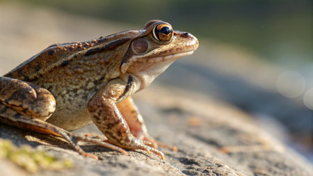 Frog (Rana temporaria) on a stone in the sunの写真素材