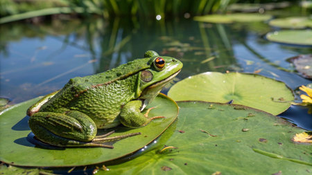 Green frog sitting on a lily pad in a pond with water lilies