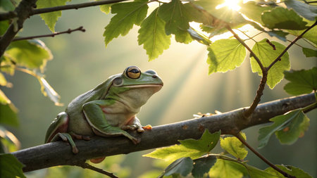 European tree frog (Hyla arborea) sitting on a branchの写真素材