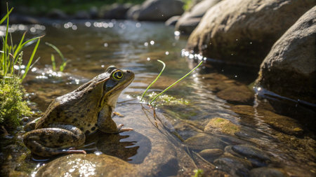 Frog in a small river on a sunny summer day. Side view.の写真素材
