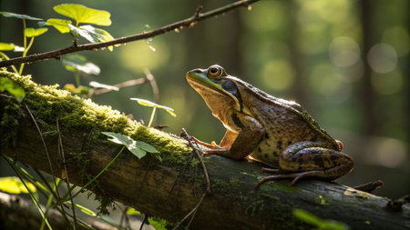 Frog sitting on a branch in the forest. The European common frog (Pelophylax esculentus)の写真素材