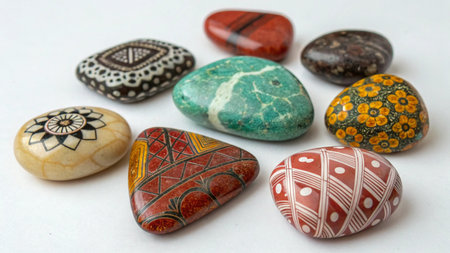 multicolored stones on a white background, closeup of photoの写真素材