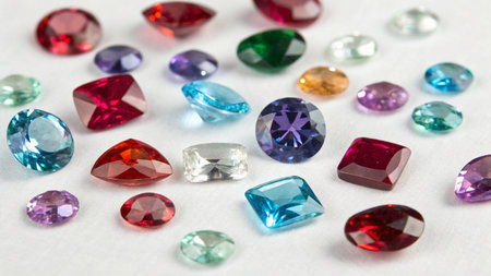 Colorful gems on a white background, close-up shot.の写真素材