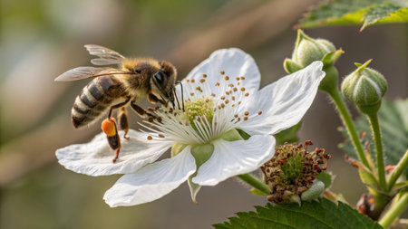 Bee on a flower of a blackberry (Apis mellifera)