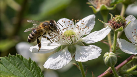 Bee on a white flower of blackberry (Rubus spinosa)