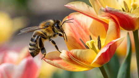 Honey bee pollinating a yellow tulip flower in the gardenの写真素材