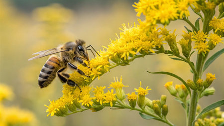 Bee on goldenrod flowers. Honey bee pollinating goldenrod flowers.