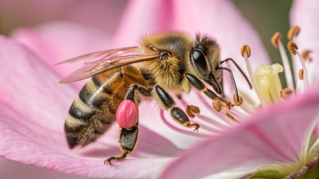 Bee on a pink flower in nature. Macro. Shallow depth of field.