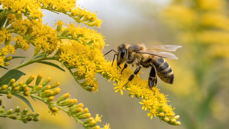 Bee on goldenrod flower, close up, selective focus, shallow DOF.