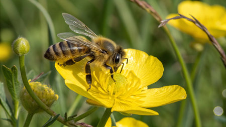 Honey bee collecting nectar from a buttercup flower in spring