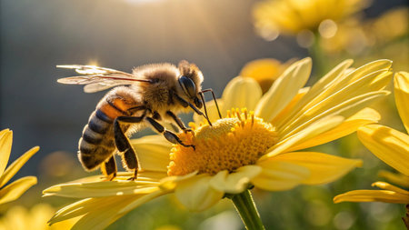Bee on yellow daisy flower in sunny day. Shallow depth of field