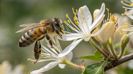 Bee collecting pollen from a white blossom of an apple tree.の写真素材