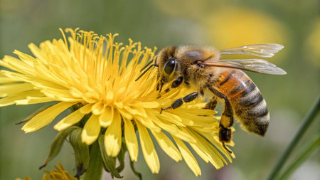 Bee on a yellow dandelion flower. Shallow depth of field
