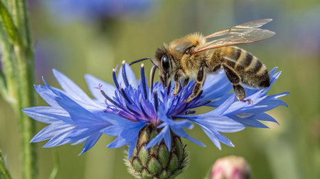 Bee on a cornflower flower (Centaurea cyanus)の写真素材