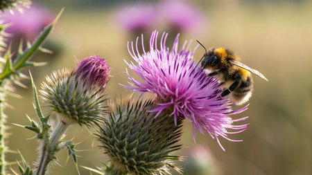 Bumblebee collecting nectar from a thistle flower in the fieldの写真素材