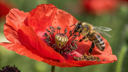 Bee collecting pollen from a red poppy flower in the garden, close up