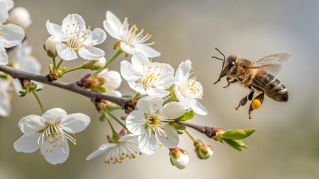 Honey bee pollinating the flowers of a cherry tree in spring