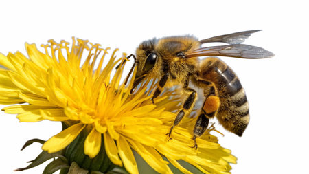 Bee on a yellow dandelion flower isolated on a white background