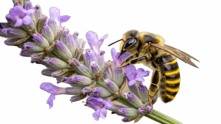 Bee on lavender flower isolated on white background. Bee on lavender flower.