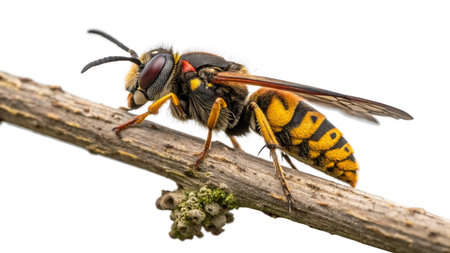 Wasp on a branch isolated on a white background. Macro.の写真素材