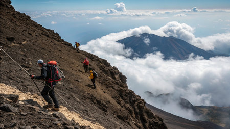 Group of mountaineers climbing on the top of the volcano