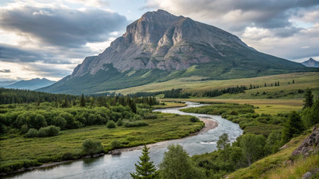 Mountain landscape with a river in the Altai Republic, Russiaの写真素材