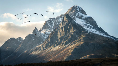 Mountain landscape with birds on the background of snow-capped peaksの写真素材