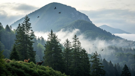 Beautiful mountain landscape with a flock of wild deer in the fogの写真素材