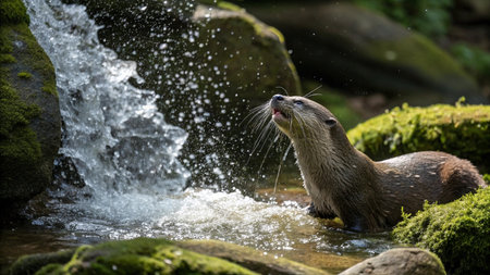 Otter drinking water from a stream in the forest, UKの写真素材