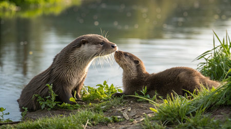 Two Asian small-clawed otters (Lutra lutra)の写真素材