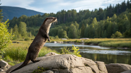 Otter standing on a rock by the river in summer.の写真素材