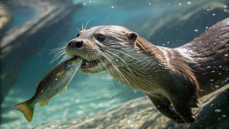 Otter in the water with a fish in his mouth.の写真素材