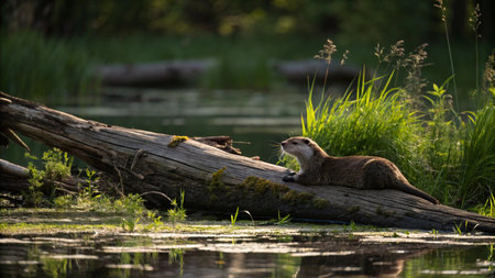 Otters on a log in the water of a lake.の写真素材