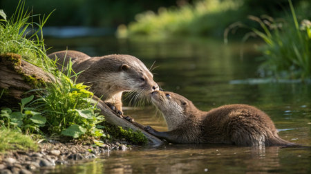 Two otters interacting in water