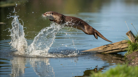 Otter splashing water on a lake in the nature.の写真素材
