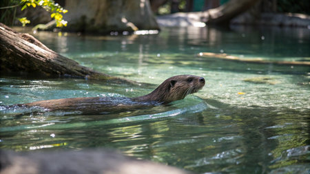 Otter swimming in the water. Animal in the zoo.の写真素材
