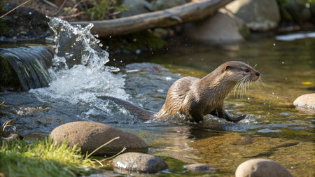Otter (Lutra lutra) swimming in a stream