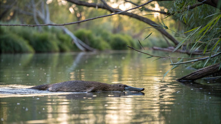 Platypus in the riverの写真素材