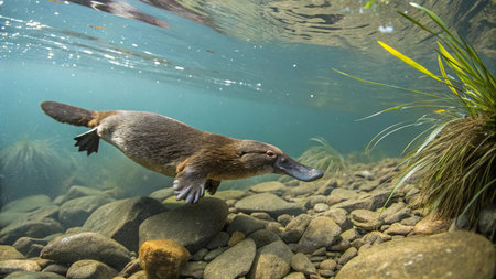 Huge platypus floating on the rocks in the water.の写真素材