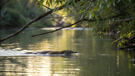 wild beaver swimming on the river in summer, nature series.の写真素材