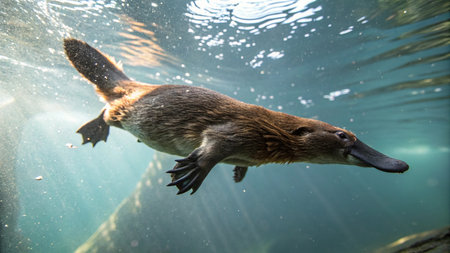 Cute platypus swimming in the water. Animal portrait.の写真素材
