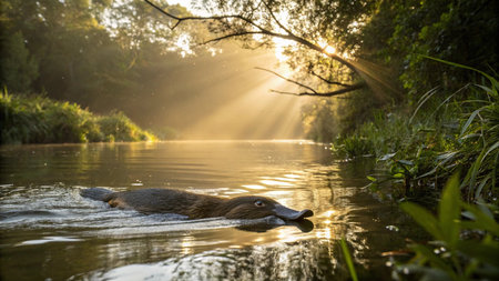 A platypus swimming in a river at sunset, with sun raysの写真素材