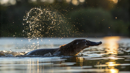 A male mallard duck splashes out of the water at sunset.の写真素材