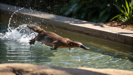 Cute baby platypus playing with water in the park.の写真素材